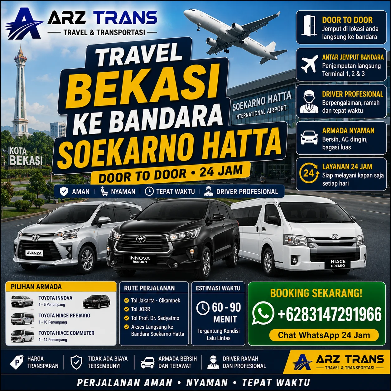 Armada Eksekutif Travel Bekasi ke Bandara Soekarno Hatta Door To Door 24 Jam ARZ Trans