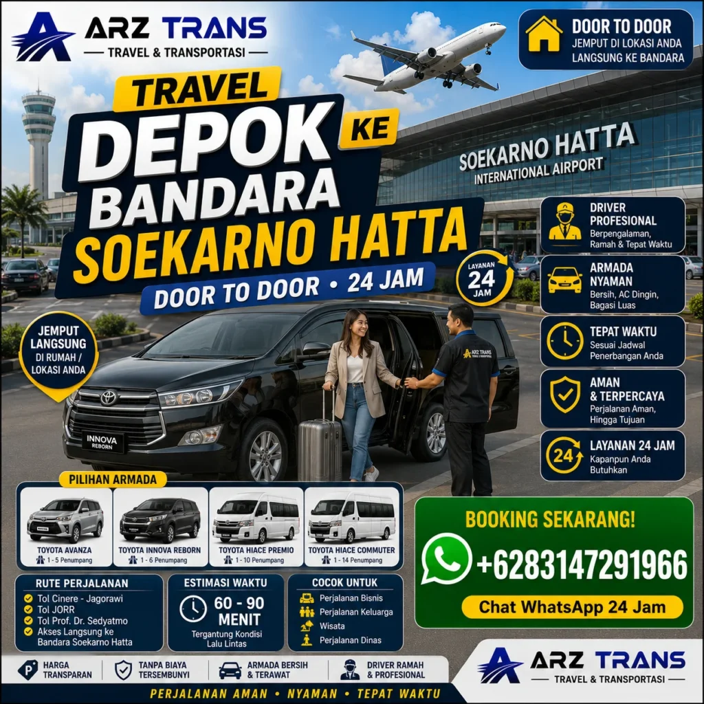 Travel Depok ke Bandara Soekarno Hatta menggunakan Toyota Innova Reborn dan Toyota Hiace Premio bersama ARZ Trans.