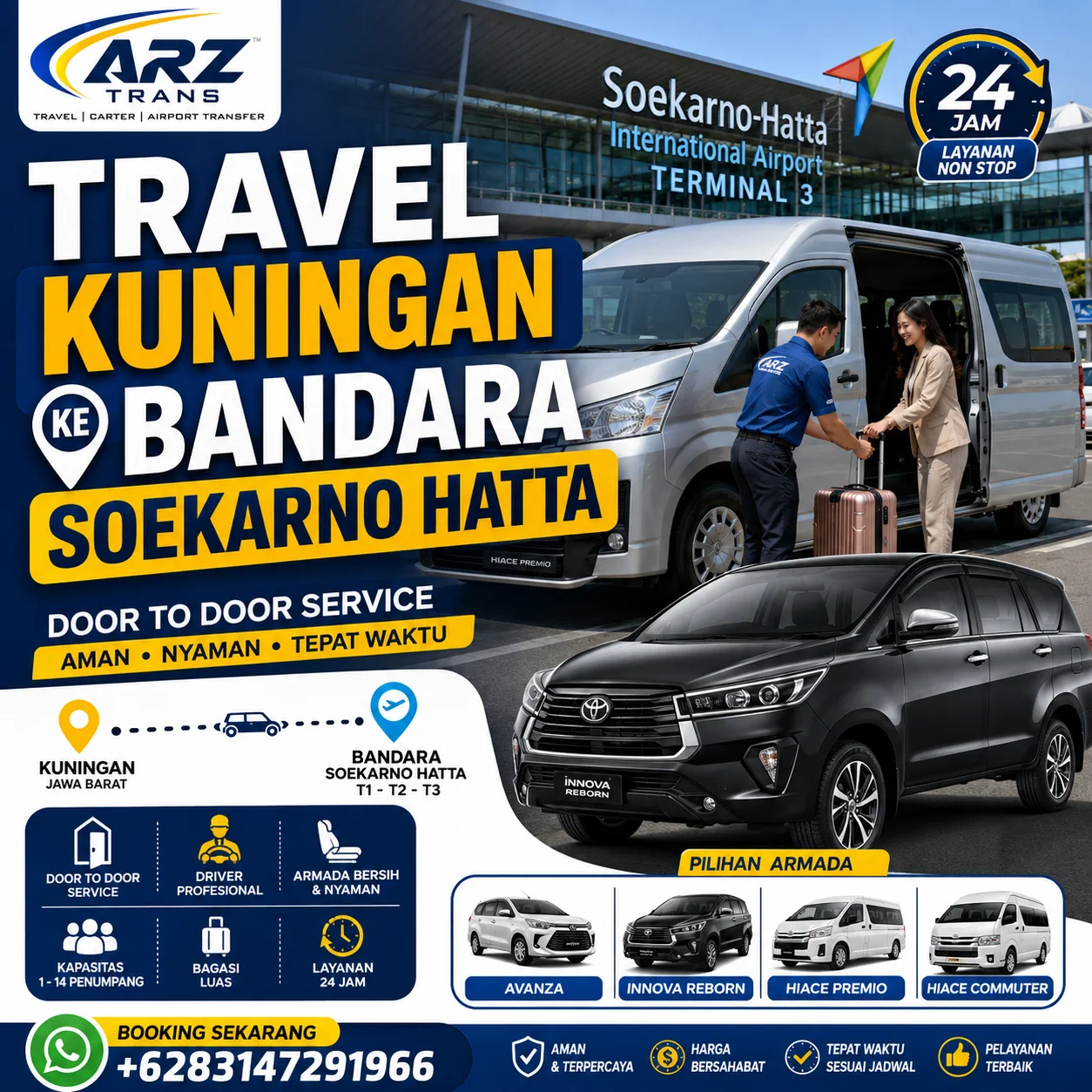 Layanan eksklusif Travel Kuningan ke Bandara Soekarno Hatta door to door 24 jam dengan armada nyaman ARZ Trans