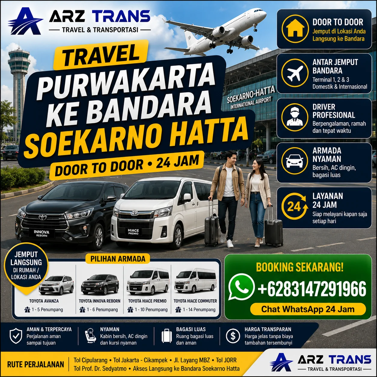 Layanan eksklusif Travel Purwakarta ke Bandara Soekarno Hatta door to door 24 jam dengan armada nyaman ARZ Trans